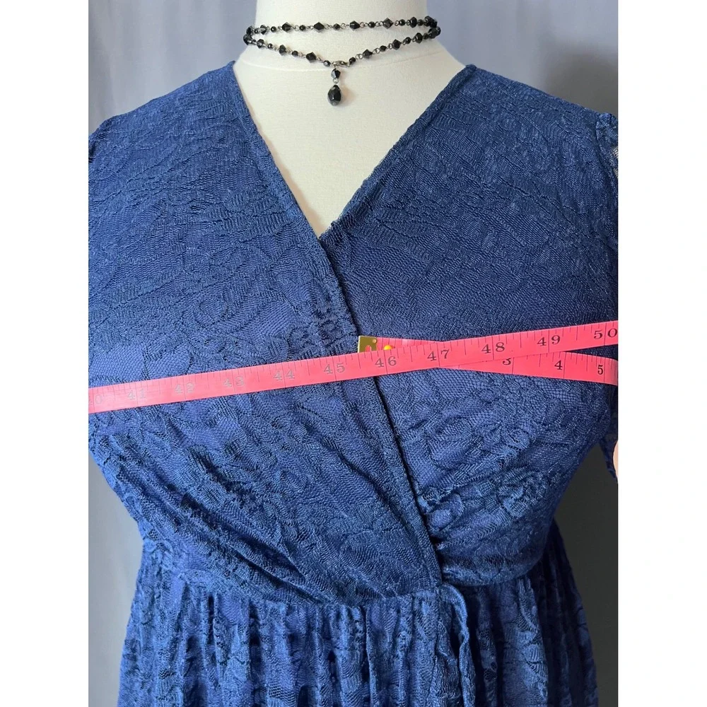 Royal Blue Floral Lace High-Low Faux Wrap Empire Waist Dress with Ruffle Detail - Picture 11 of 13